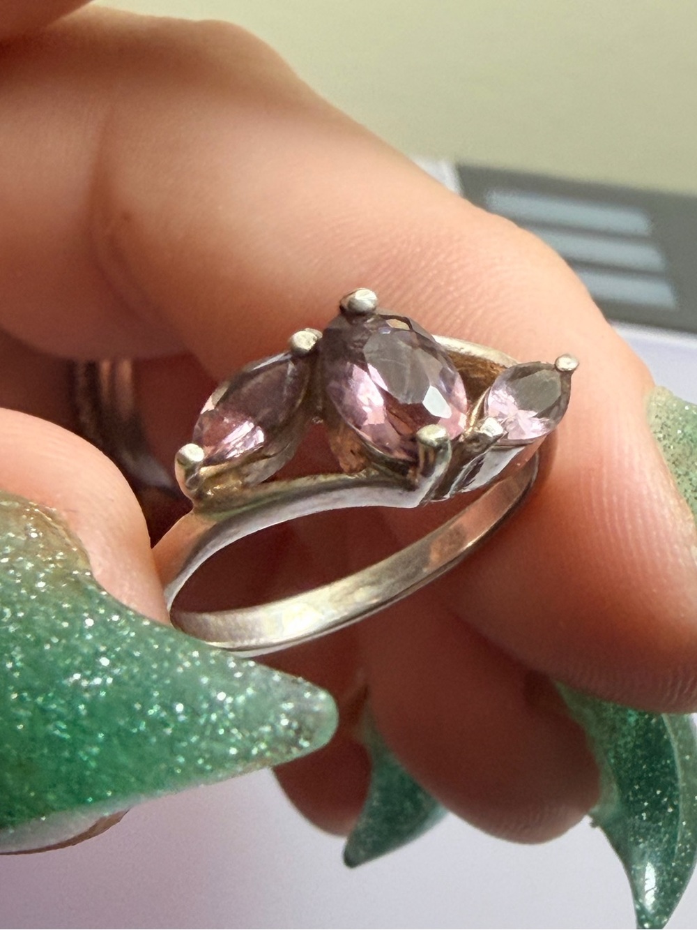 Sterling Silver Pink Stone Marquise Cluster Ring